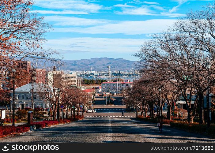DEC 2, 2018 Hakodate, JAPAN -Motomachi slope Street with leafless tree along both sides with people crossing road Hakodate bay in background with blue winter sky.