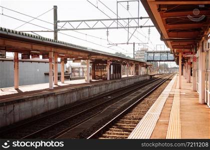 DEC 3, 2018 Kakunodate, Japan - Empty Japan Kakunodate train station platform warm sunlight in winter. Famous Akita line Shinkansen stop for ancient Samurai town