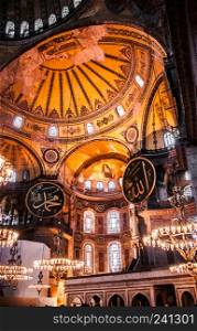 DEC 31, 2017 Istanbul, TURKEY : Beautiful extrodinary interior details of Hagia Sophia, ancient fresco-secco painting.
