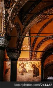 DEC 31, 2017 Istanbul, TURKEY : Jesus Christ Pantocrator, Detail from deesis Byzantine mosaic in Hagia Sophia,Greek Orthodox Christian patriarchal basilica, church