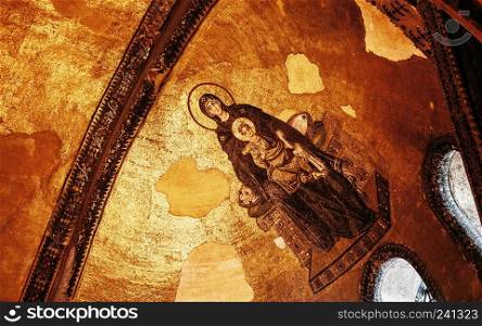 DEC 31, 2017 Istanbul, TURKEY : Virgin Mary and Child Christ, The Apse Mosaic, Hagia Sophia, Greek Orthodox Christian patriarchal basilica, church