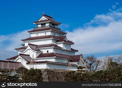 DEC 4, 2018 Aizu Wakamatsu, JAPAN - Aizu Wakamatsu Tsuruga Castle and pine tree in park under winter blue sky. Fukushima Samurai lord fortess in Edo period