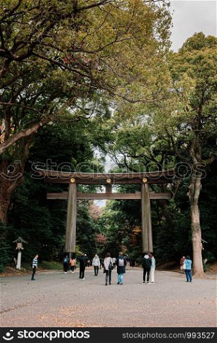 DEC 5, 2018 Tokyo, Japan - Meiji Jingu Shrine Large grand historic Wooden Torii gate under big trees with tourists - Most important shrine and city green space of Japan capital city