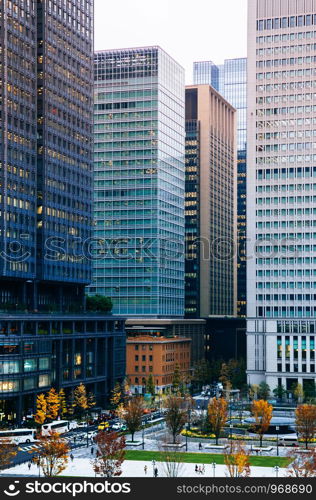 DEC 6, 2019 Tokyo, Japan - Daimyo - Koji Avenue Marunouchi District Tokyo downtown in Autumn with many people at pedestrains crosswalk and Tokyo station square from high angle