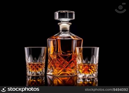Decanter with whiskey or cognac and a glass on a white background