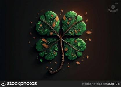 Deccorated green four leaf clover on dark background, closeup. Good luck symbol. Generative AI 