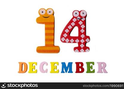 December 14 on white background, numbers and letters. Calendar.. December 14 on white background, numbers and letters.