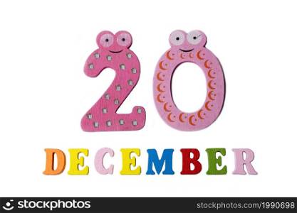 December 20 on white background, numbers and letters. Calendar.. December 20 on white background, numbers and letters.