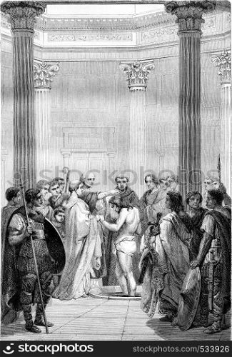 December 25, 496, The Baptism of Clovis, vintage engraved illustration. Magasin Pittoresque 1855.