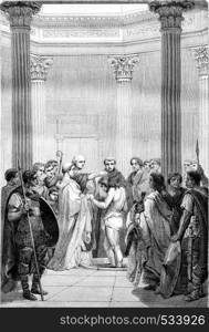 December 25, 496, The Baptism of Clovis, vintage engraved illustration. Magasin Pittoresque 1855.