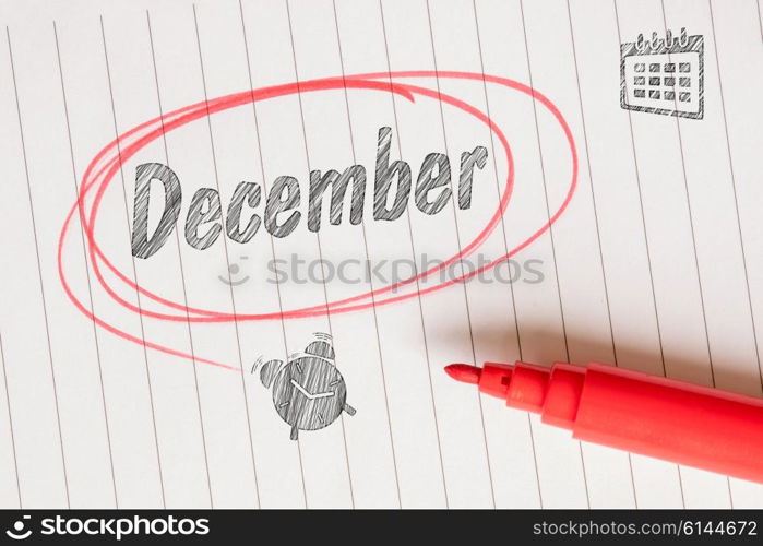 December attention note with a red brush and circle