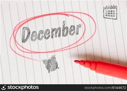December attention note with a red brush and circle