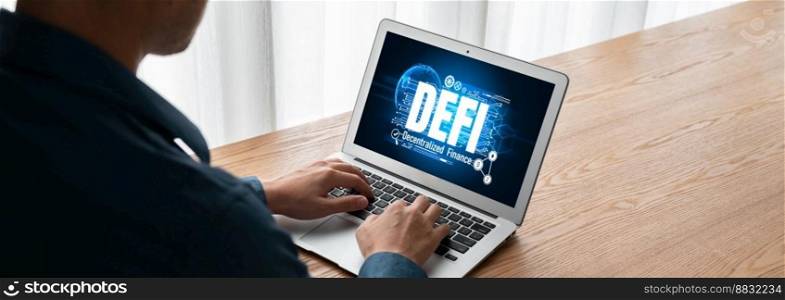 Decentralized finance or DeFi concept on modish computer screen . The defi system give new choice of investment and money saving .. Decentralized finance or DeFi concept on modish computer screen