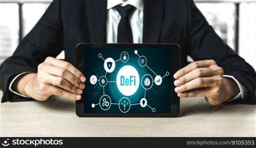 Decentralized finance or DeFi concept on modish computer screen . The defi system give new choice of investment and money saving .. Decentralized finance or DeFi concept on modish computer screen