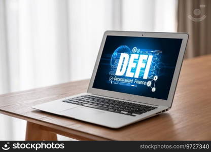 Decentralized finance or DeFi concept on modish computer screen . The defi system give new choice of investment and money saving .. Decentralized finance or DeFi concept on modish computer screen