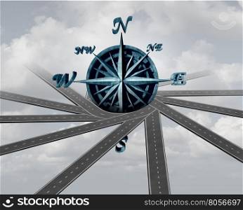 Decide on direction and path choice concept as a wind rose compass wrapped with roads as a navigation and transport symbol or career business guidance icon as a 3D illustration.