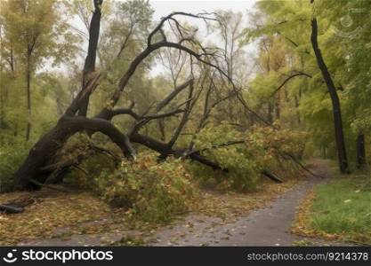 deciduous trees bent and broken by fierce storm winds, created with generative ai. deciduous trees bent and broken by fierce storm winds