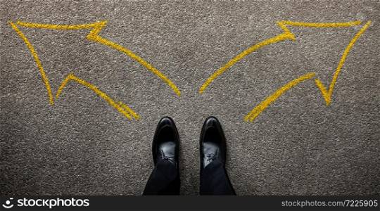 Decision in Life or Business Concept. Businessman Standing on the Left and Right Arrow Direction. Top View