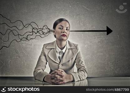 Decision making ability. Young pensive businesswoman and arrows coming out of her head