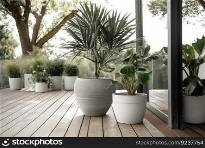 deck with view of the garden and houseplant in concrete flowerpot, created with generative ai. deck with view of the garden and houseplant in concrete flowerpot