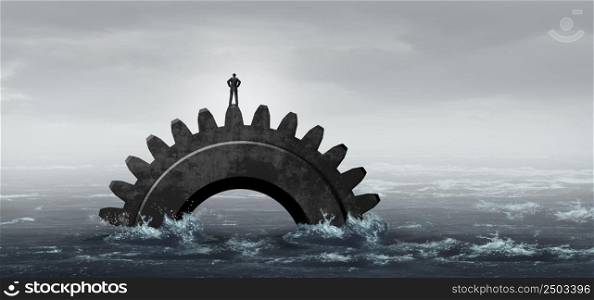 Declining industries and obsolete technology and failing industry concept as a businessman on top of a sinking gear in the ocean as a business faiure symbol with 3D illustration elements.