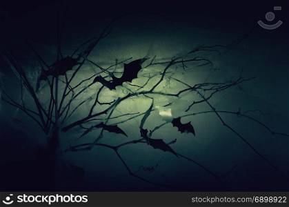 Decor of the silhouettes of bats on branches in a web in the night haze.