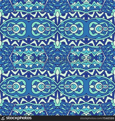 Decor tile texture print mosaic oriental pattern with blue ornament arabesque. Geometric blue and white ceramic design. Vector seamless pattern flower colorful ethnic tribal geometric psychedelic mexican print