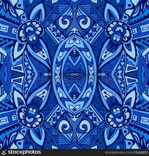 Decor tile texture print mosaic oriental pattern with blue ornament arabesque. Geometric blue and white azulejo ceramic design. Texture seamless vector pattern arabesque from blue and white oriental tiles, ornaments doodle