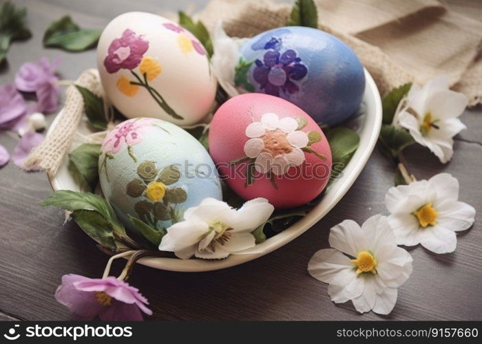 Decorate Easter eggs with the beauty of spring flowers by generative AI 