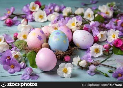 Decorate Easter eggs with the beauty of spring flowers by generative AI 