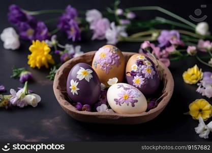 Decorate Easter eggs with the beauty of spring flowers by generative AI 