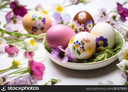 Decorate Easter eggs with the beauty of spring flowers by generative AI 