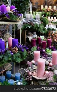 Decorated advent candles, christmas market shop in Vienna. Decorated advent candles