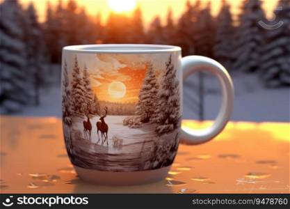 Decorated christmas coffee mug with winter forest landscape and snow. Generative AI