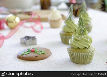 Decorated christmas cupcakes. Christmas party prepare.