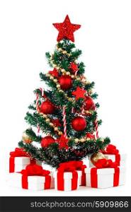 Decorated Christmas tree and gifts on white background. Decorated Christmas tree