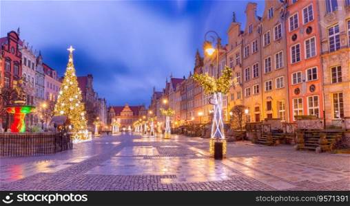 Decorated Christmas tree in festive illuminations at the Long Market in Gdansk at blue hour, Poland. Christmas tree in festive illuminations at the city market in Gdansk, Poland
