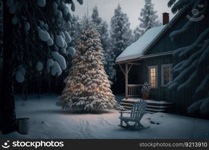 decorated christmas tree in winter cozy backyard with gentle snow, created with generative ai. decorated christmas tree in winter cozy backyard with gentle snow