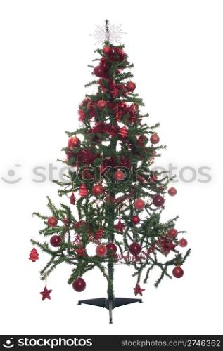 decorated christmas tree isolated on white background (typical green and red colors)