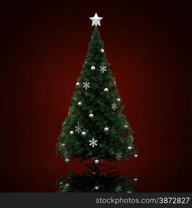 Decorated Christmas tree on a dark red background