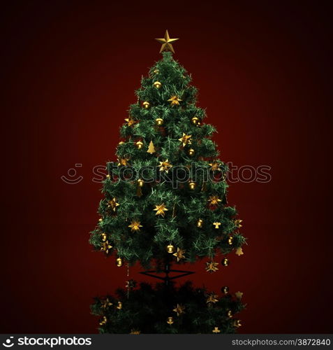 Decorated Christmas tree on a dark red background