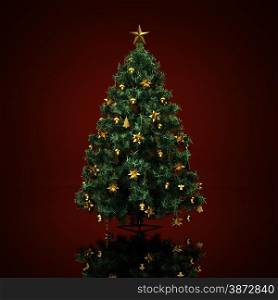 Decorated Christmas tree on a dark red background