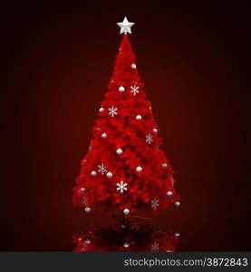 Decorated Christmas tree on a dark red background