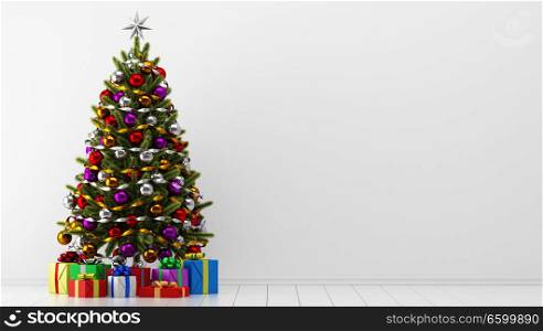 decorated christmas tree with gift boxes in white room. 3d illustration