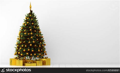 decorated christmas tree with gift boxes in white room. 3d illustration