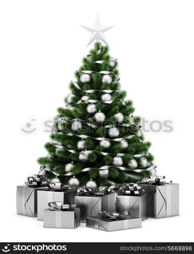 decorated christmas tree with gift boxes isolated on white background