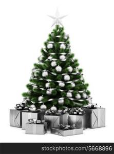 decorated christmas tree with gift boxes isolated on white background