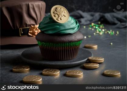 Decorated cupcake and gold coins on dark background. St. Patrick&rsquo;s Day celebration. Generative AI