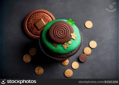 Decorated cupcake and gold coins on dark background. St. Patrick’s Day celebration. Generative AI