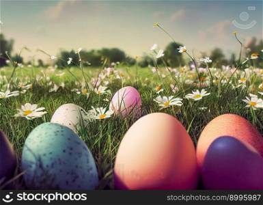 Decorated Easter Eggs In The Grass With Daisies.  Image created with Generative AI technology 
